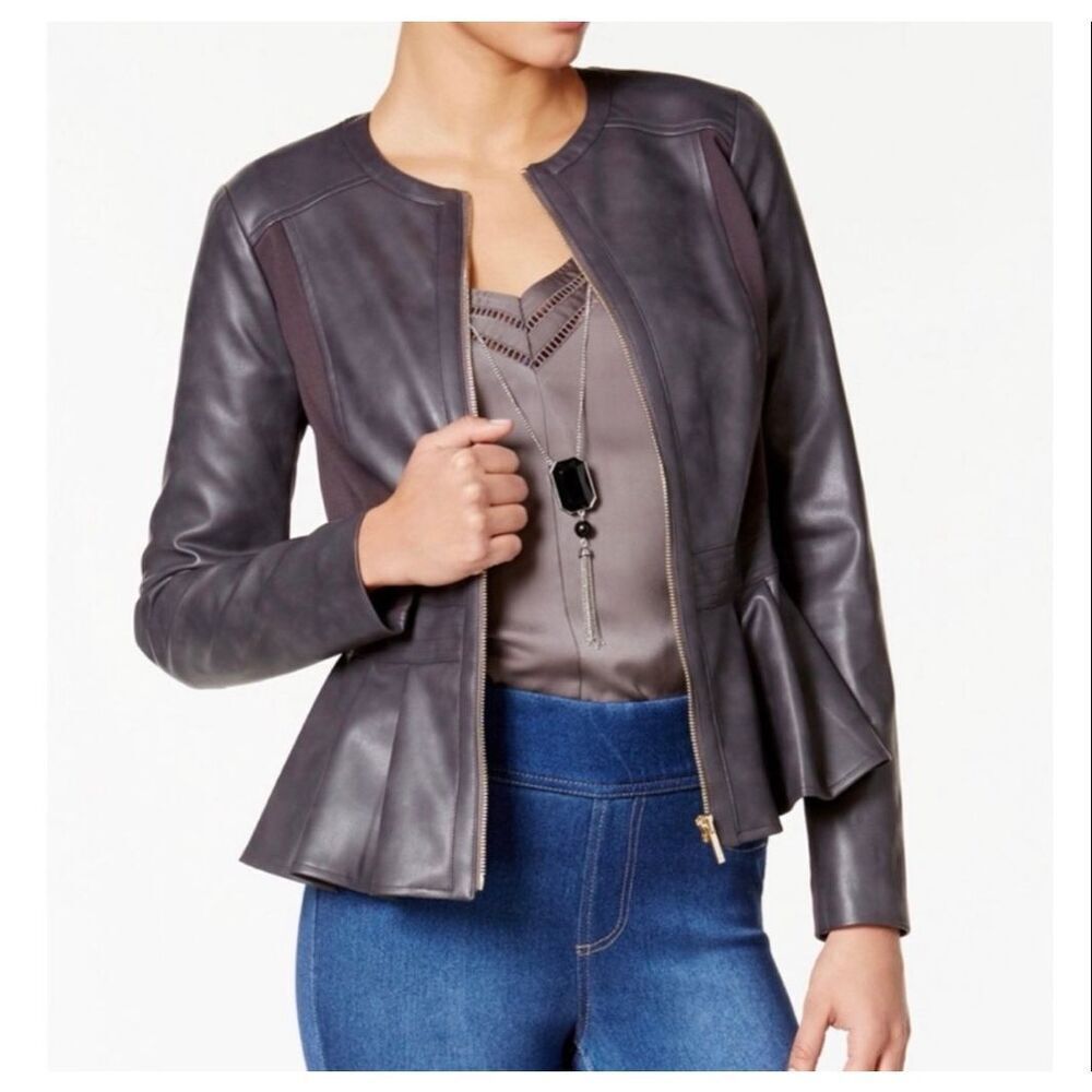 Thalia Sodi Gray Faux Leather Peplum Jacket size L